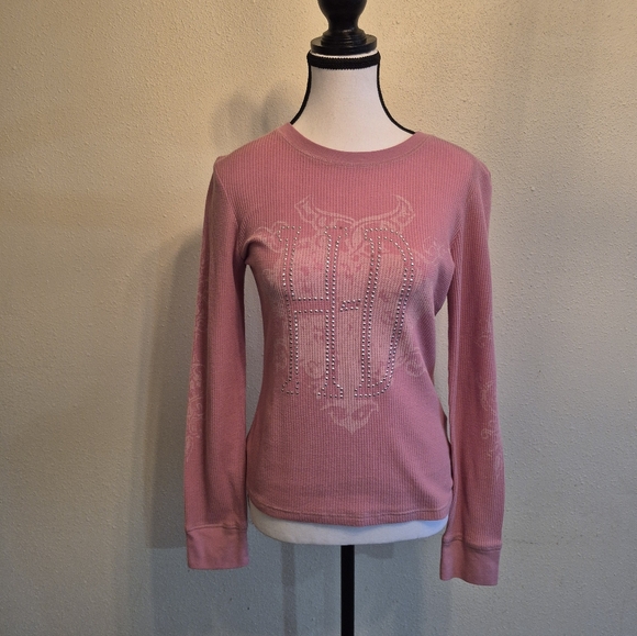 Harley-Davidson Tops - Harley Davidson Y2K Bling Pink Stretchy Long Sleeve Top Womens Small